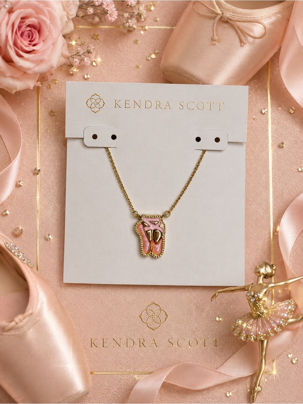 Kendra Scott Pink Ballet Slipper Pendant Necklace - Gold Tone Balletcore Jewelry
